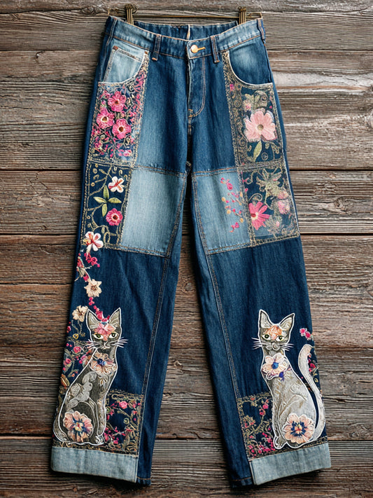 Boho Lace Cat Floral Embroidered Art Women's Straight Leg Jeans elevenforest