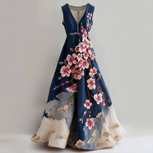 Comstylish Women's Vintage Japanese Cherry Blossom And Fan Leaf Linen Dress