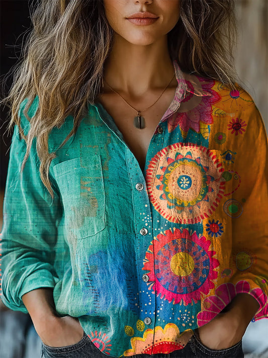 Women's Vintage Flower Print Casual Long Sleeve Comfortable Cotton Shi