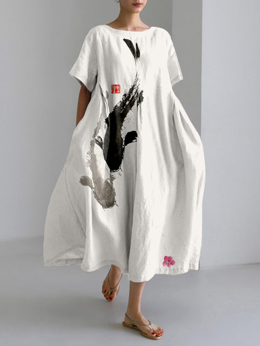 Comstylish Koi Fish Playing With Sakura Flower Art Linen Blend Maxi Dress