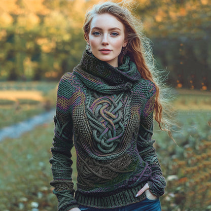 Women's Irish Rainbow Pattern Jacquard Pocket Cozy Hooded Sweater artswardrobe