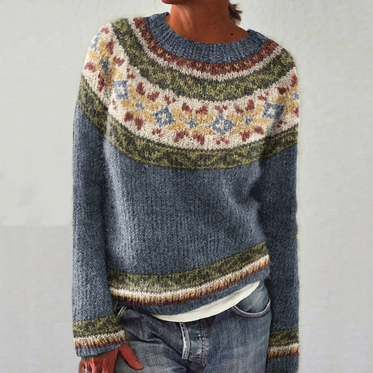 Vintage Color Block Tribal Floral Icelandic Knit Pullover Sweater elevenforest