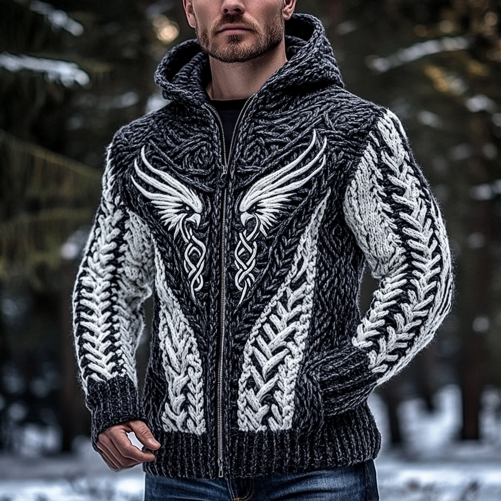 Men's Viking Bird Style Celtic Thick Zip Hooded Sweater artswardrobe