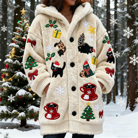 Christmas Spooky Black Cat Art Women's Flannel Loungewear Coat elevenforest