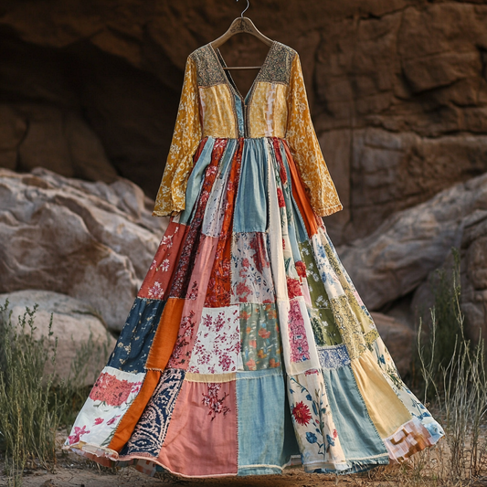 Comstylish Women's Vintage Bohemian Patch Cotton And Linen Long Sleeve Dress