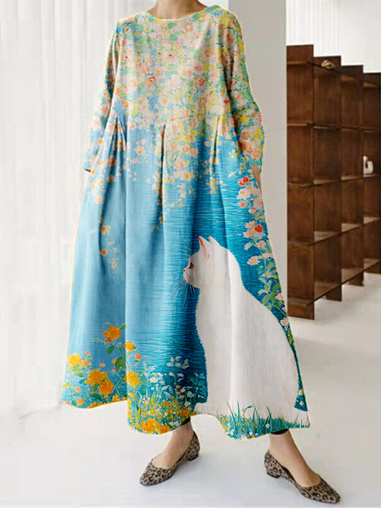 Comstylish Cat Under The Osmanthus Tree Art Linen Maxi Dress