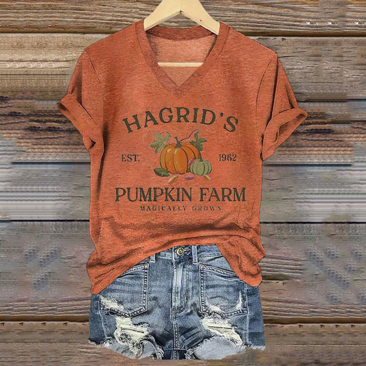 Women's Hagrid's Pumpkin Patch Print V Neck T-Shirt artswardrobe
