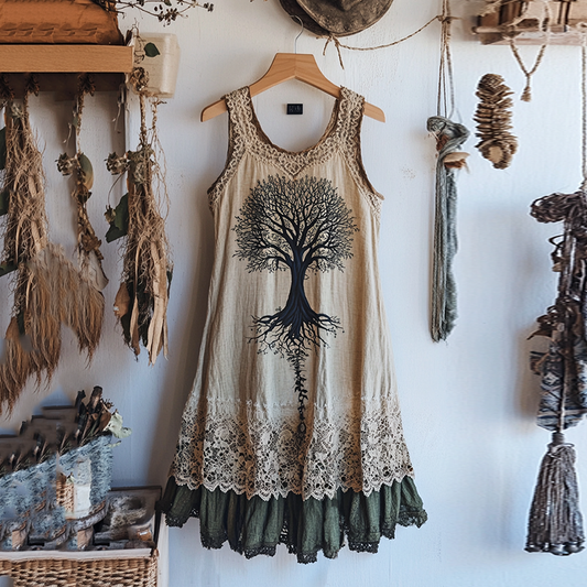 Viking Tree Of Life Lace Art Linen Tank Dress artswardrobe