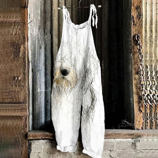 Comstylish Retro Old English Sheepdog Art Graphic Print Loose Jumpsuit