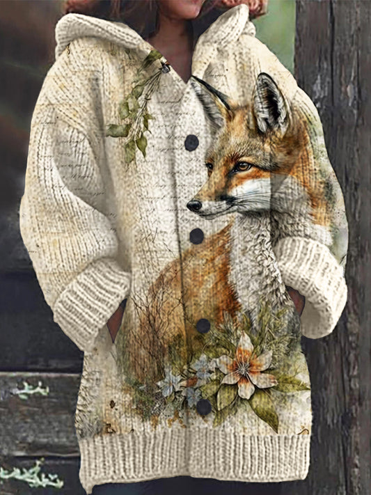 Vintage Fox Floral Art Cozy Hooded Cardigan artswardrobe