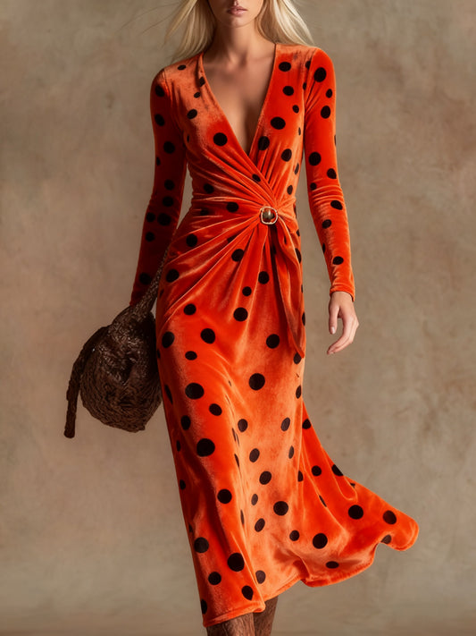 Elegant vintage print V-neck velvet maxi dress