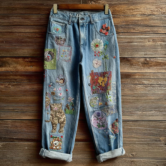 Women's Bohemian Style Multi-colored Floral Cat-print Cute Embroidered Jeans