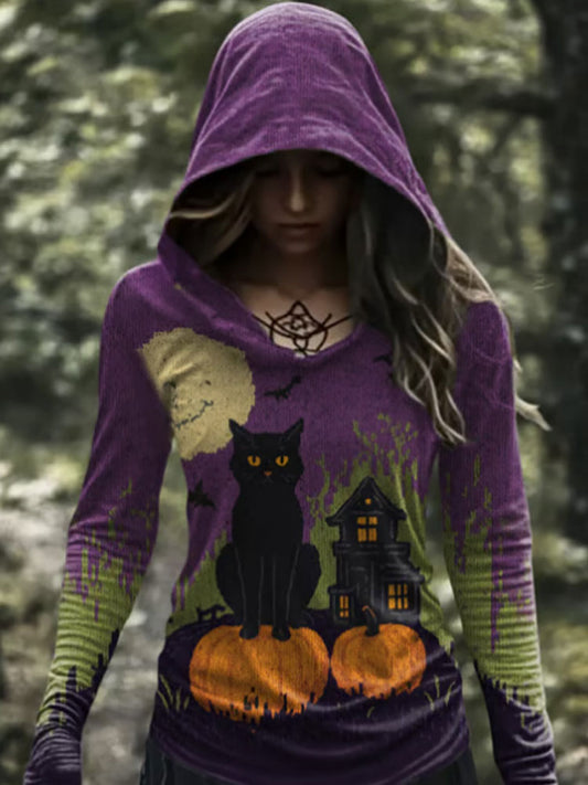 Comstylish Women's Halloween Cat Print Casual Hoodie