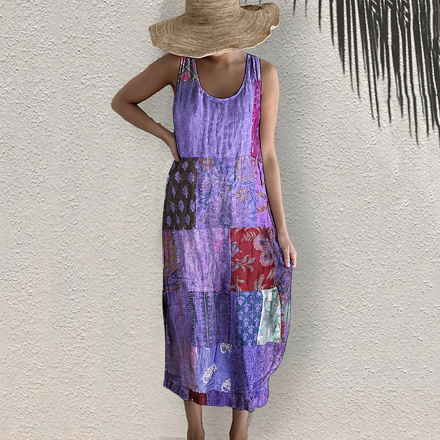 Vintage Bohemian Geometric Floral Art Linen Blend Dress artswardrobe