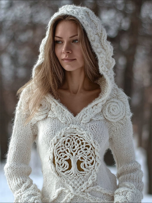 Comstylish Viking Tree Of Life White Roses Celtic Cozy Fuzzy Hooded Sweater