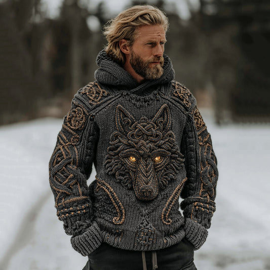 Men's Vintage Viking Celtic Knot Wolf Cozy Knit Hooded Sweater artswardrobe