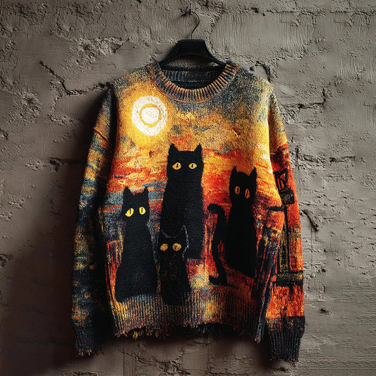Vintage Halloween Cat Art Print Knit Pullover Sweater elevenforest