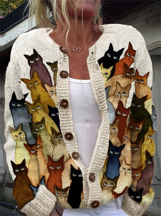 Colorful Cats Pattern Cozy Hooded Cardigan Sweater artswardrobe