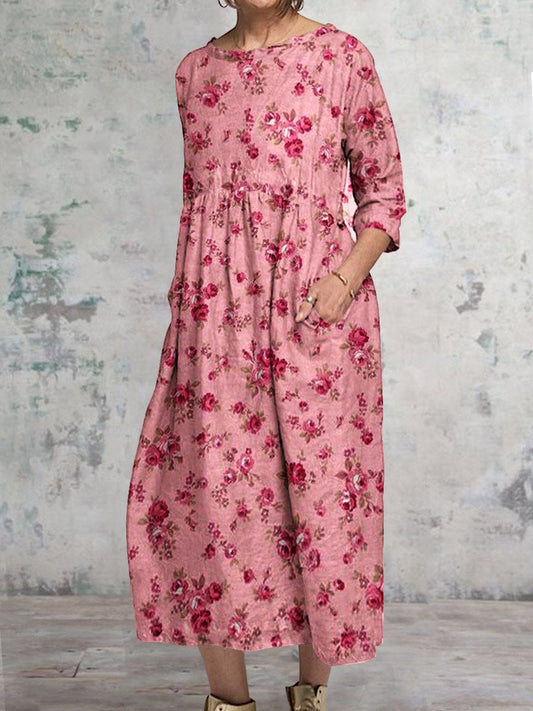 Women's Classic Floral Pattern Round Neck Cotton And Linen Dress With Pockets