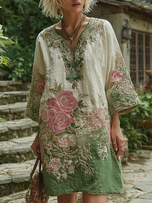 Love & Health Collection Classy Gradient Pink Roses Cancer Awareness Embroidered V Neck Long Sleeve Linen Dress artswardrobe
