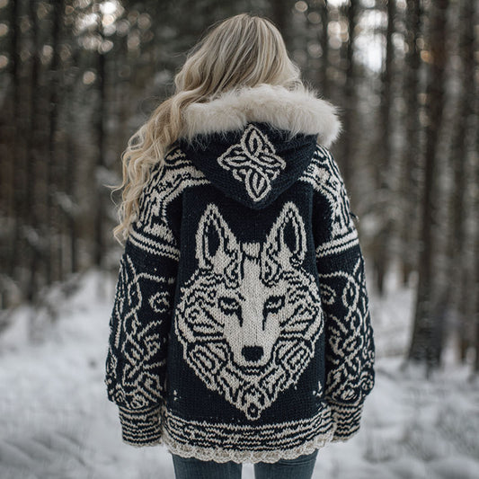 Comstylish Women's Viking Wolf Celtic Art Cozy Fur Collar Knit Hooded Sweater Jacket