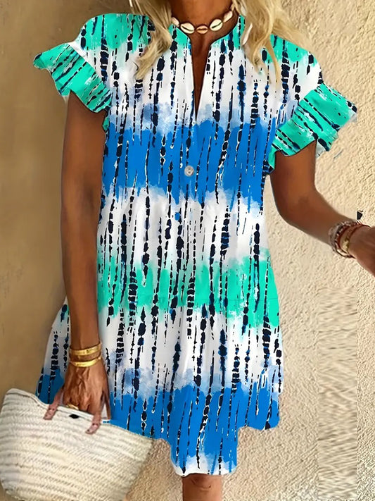 Teal Stripes Ruffled Short-sleeved V-neck Buttoned Dress Vacation Beach Dress