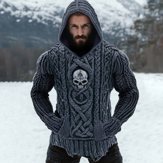Men's Viking Tribal Skull Rune Celtic Inspired Knit Hooded Sweater elevenforest