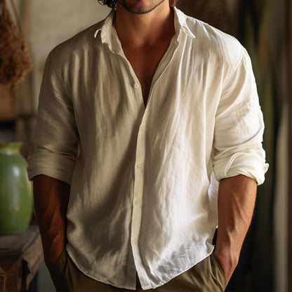 Men's Boho Solid Color Button Casual Linen Shirt artswardrobe