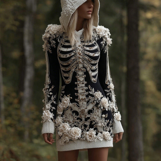 Comstylish Women's Vintage Skeleton & White Rose Art Cozy Sweater Hooded Dress