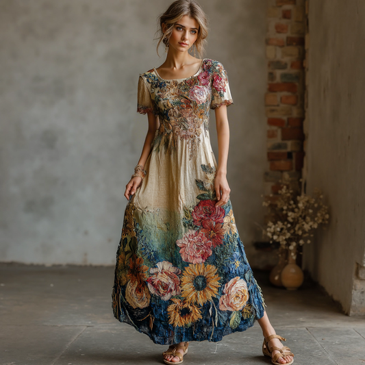 Women's Vintage Oil Painting Flower Art Round Neck Maxi Dress