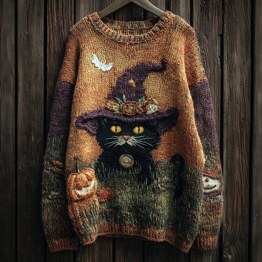 Halloween Witch Black Cat Vintage Cozy Knit Sweater elevenforest