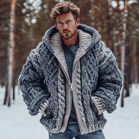 Men's Vintage Fairman Island Jacquard Thick Warm Zip Hooded Sweater Cardigan artswardrobe