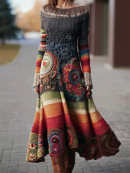 Comstylish Boho Floral Crochet Geometric Colorblock Maxi Sweater Dress