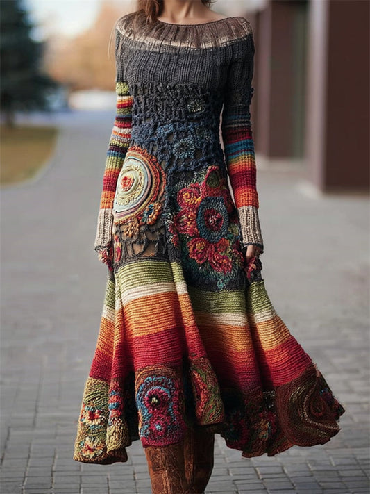 Comstylish Boho Floral Crochet Geometric Colorblock Maxi Sweater Dress
