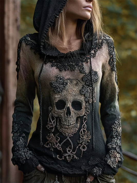 Comstylish Vintage Skull Floral Gradient Comfy Knit Hooded Sweater