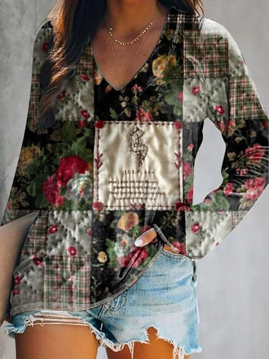 Women's Casual Vintage Floral Art Print V Neck Long Sleeve Tops