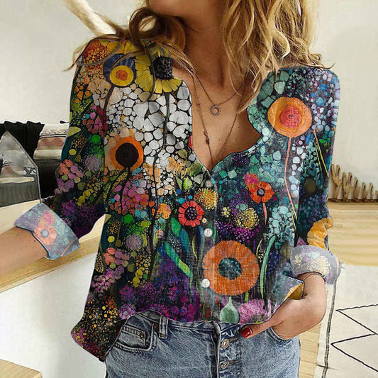 Comstylish Women's Vintage Floral Art Painting Linen Button-down Shirt