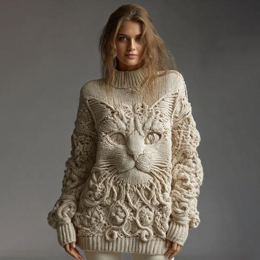 Women's Vintage Cute Cat Art Knitted Warm Cazy High Neck Sweater elevenforest