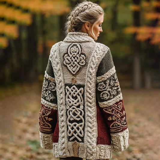 Women's Classic Celtic Knot Jacquard Contrast Lapel Cardigan artswardrobe