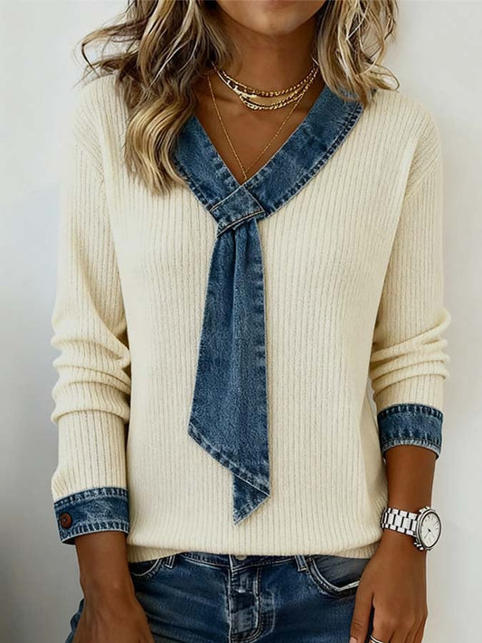 Women'S Casual Contrast Color Stitching Pullover Sweatshirt 