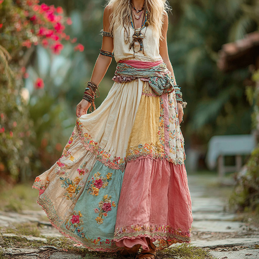 Women's Vintage Bohemian Floral Embroidery Skirt artswardrobe