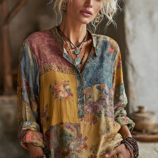 Bohemian Floral Embroidery Vintage Patchwork Vintage Style V-neck Long-sleeved Top artswardrobe