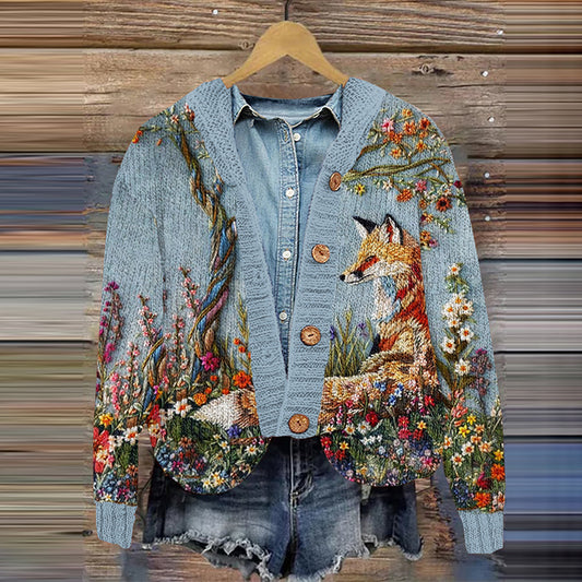 Fox Embroidery Art Pattern Women's Cardigan artswardrobe