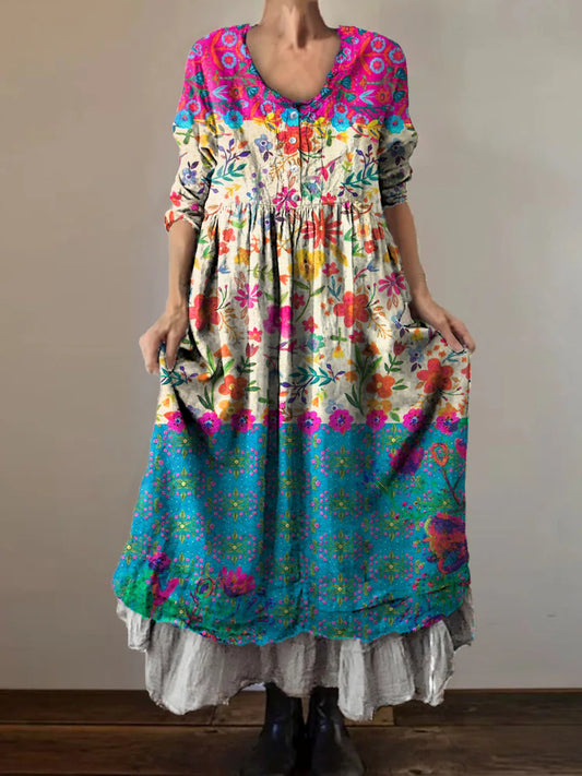 Women's Vintage Floral Patchwork Art Print V-Neck Button Pocket Cotton