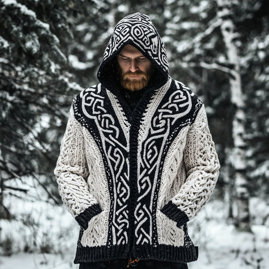 Men's Viking Celtic Knotted Jacquard Pocket Hooded Cardigan Sweater elevenforest