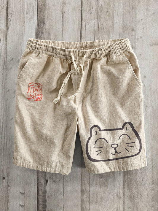 Japanese Art Cat Pattern Cotton Linen Casual Shorts elevenforest