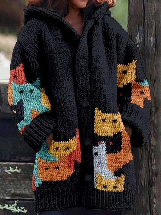 Comstylish Cute Colorful Cats Knit Art Cozy Hooded Cardigan