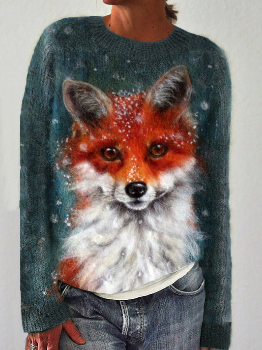 Fox in the Snow Wool Art Cozy Knit Sweater artswardrobe