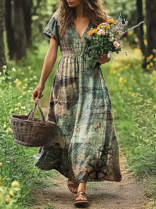Women's Art Painting Vintage Print V-Neck Short Sleeve Dress