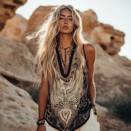 Women's Viking Tribal  Ethnic Linen V-neek Sleeveless Top artswardrobe
